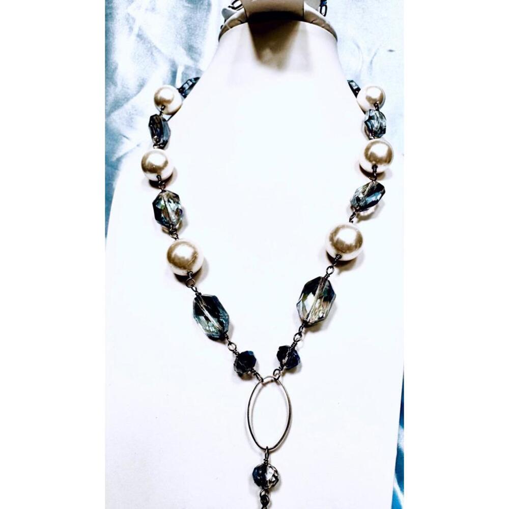 Y Drop Faux Pearl Crystal Silver Tone Tassel Necklace